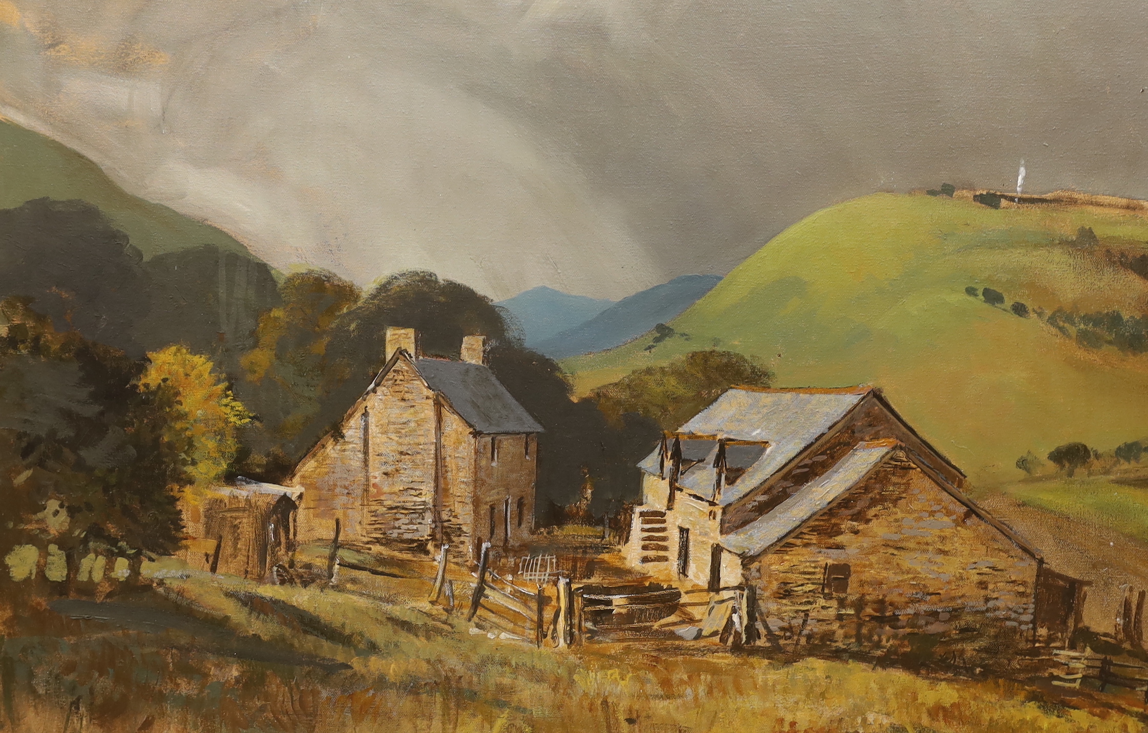 Welsh School, oil on canvas, Mountainous landscape with cottages, unframed, unsigned, 51 x 75cm